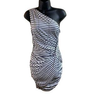 Tart Navy White Striped One Shoulder Ruched Bodycon Dress - Medium